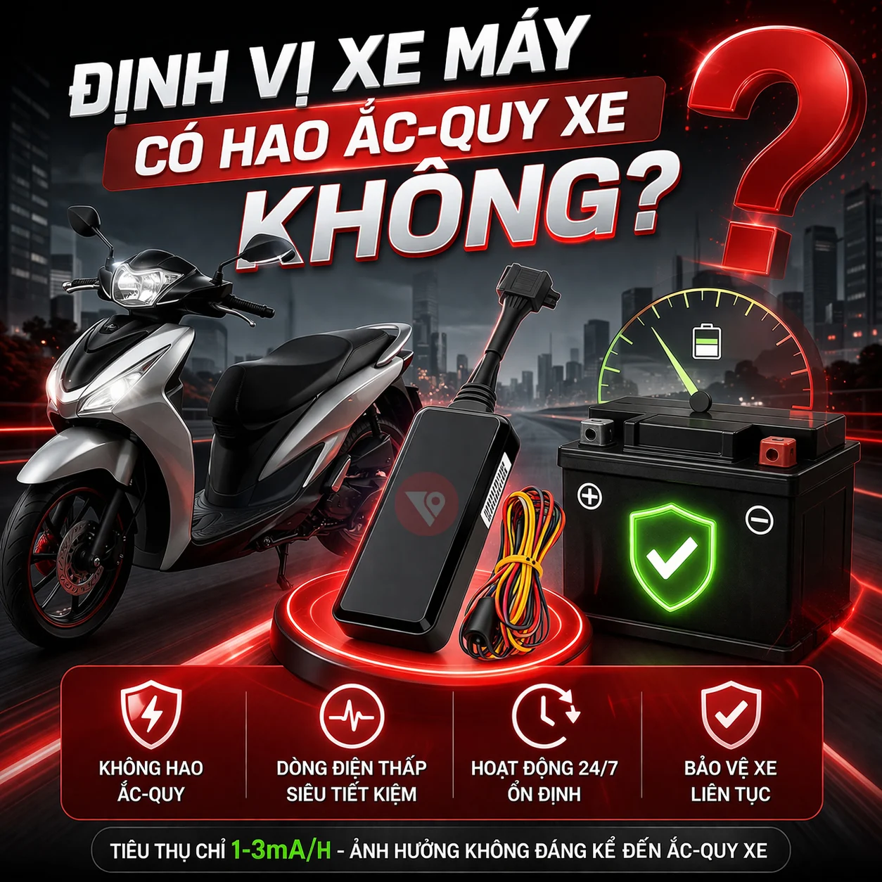 Định vị xe máy có hao ắc-quy xe không?
