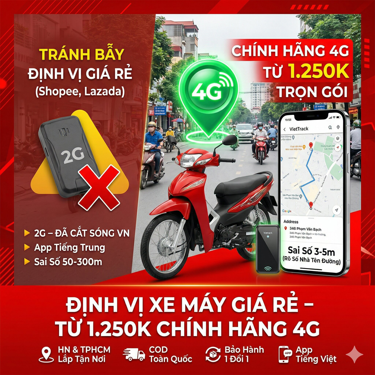 Định vị xe máy giá rẻ chính hãng 4G từ 1.250K tại VietTrack