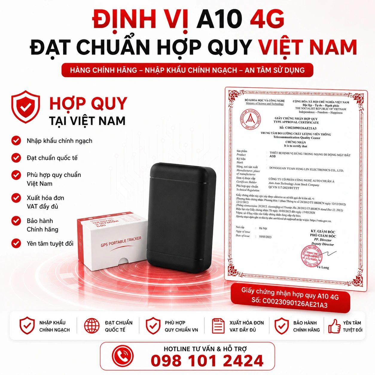 A10 4G VietTrack có chứng nhận hợp quy và hồ sơ nguồn gốc