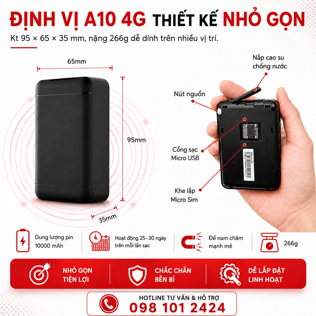 Kích thước thực tế A10 4G 95 x 65 x 35 mm trọng lượng 266g