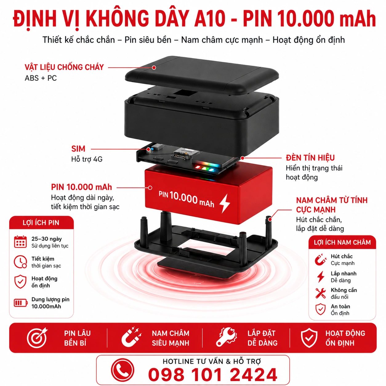 Định vị xe máy không dây A10 4G VietTrack pin 10000mAh