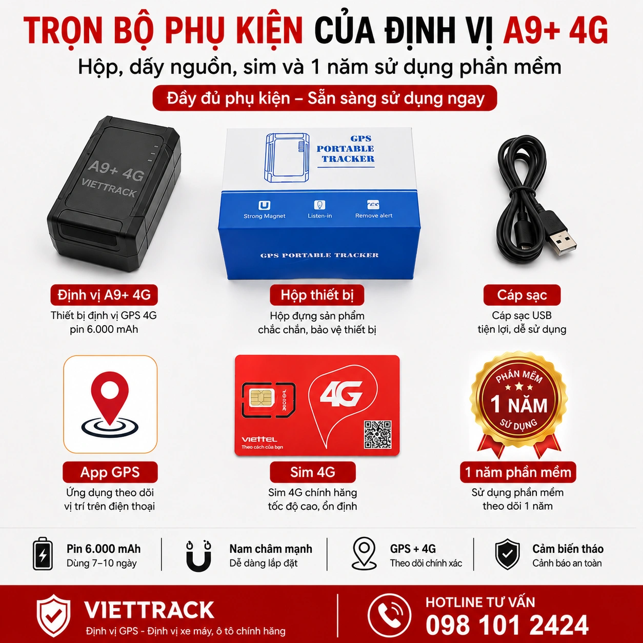 Bộ sản phẩm A9+ gồm thiết bị hộp cáp sạc SIM 4G và phần mềm GPS
