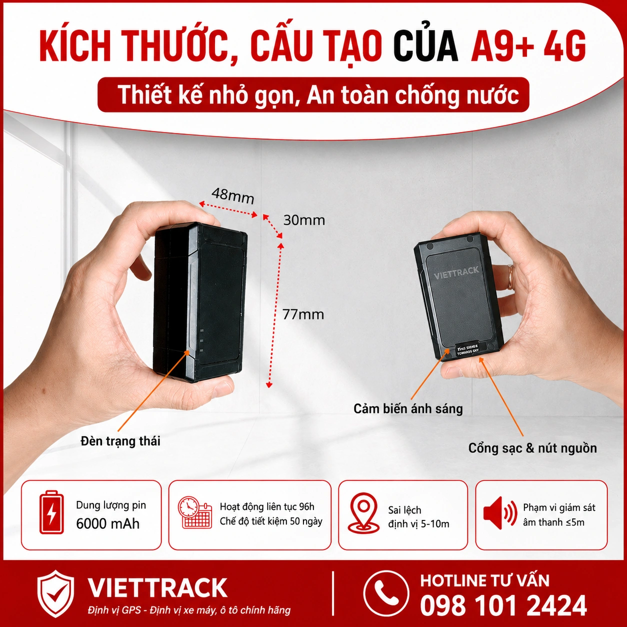 Kích thước A9+ 77 x 48 x 30 mm cấu tạo cổng sạc cảm biến và đèn trạng thái