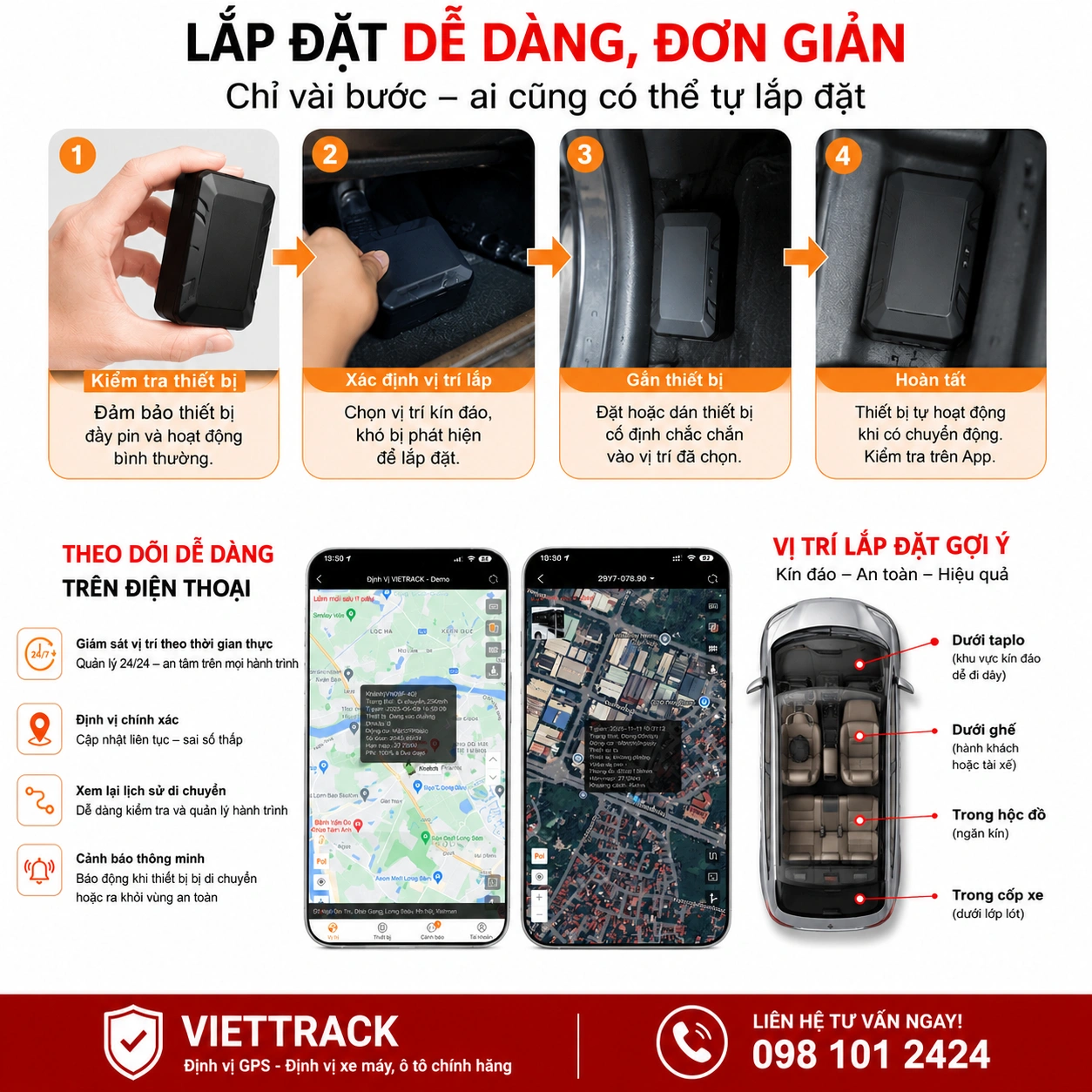 Vị trí lắp đặt A9+ trên ô tô và theo dõi vị trí bằng điện thoại
