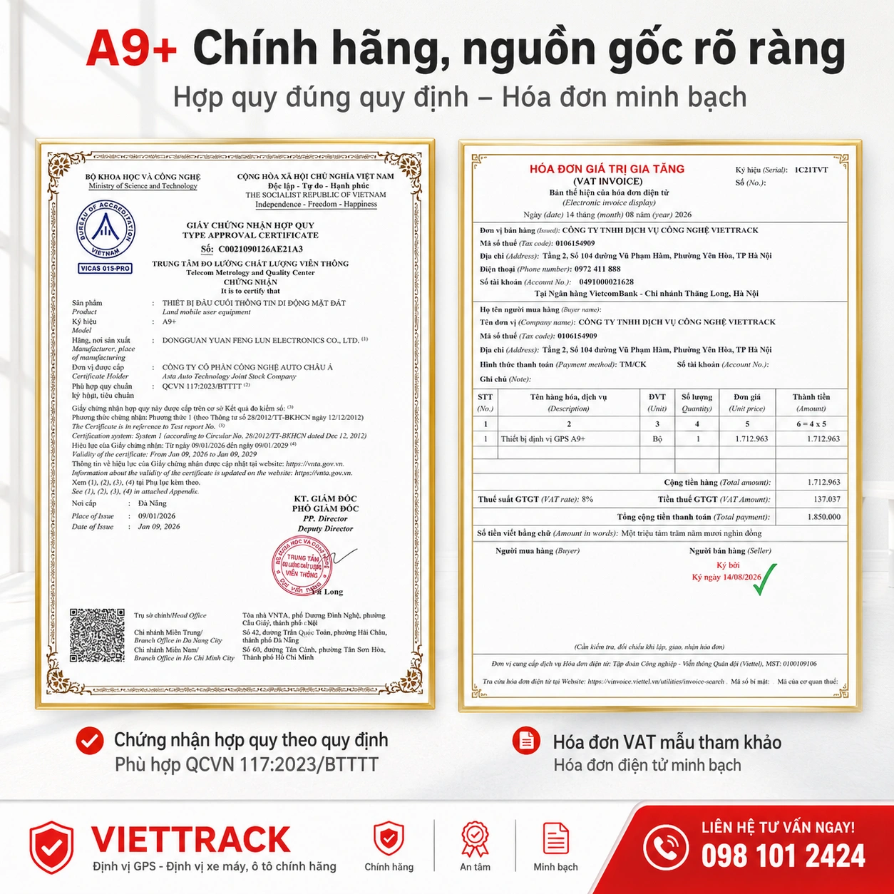 A9+ có chứng nhận hợp quy và hóa đơn VAT minh bạch