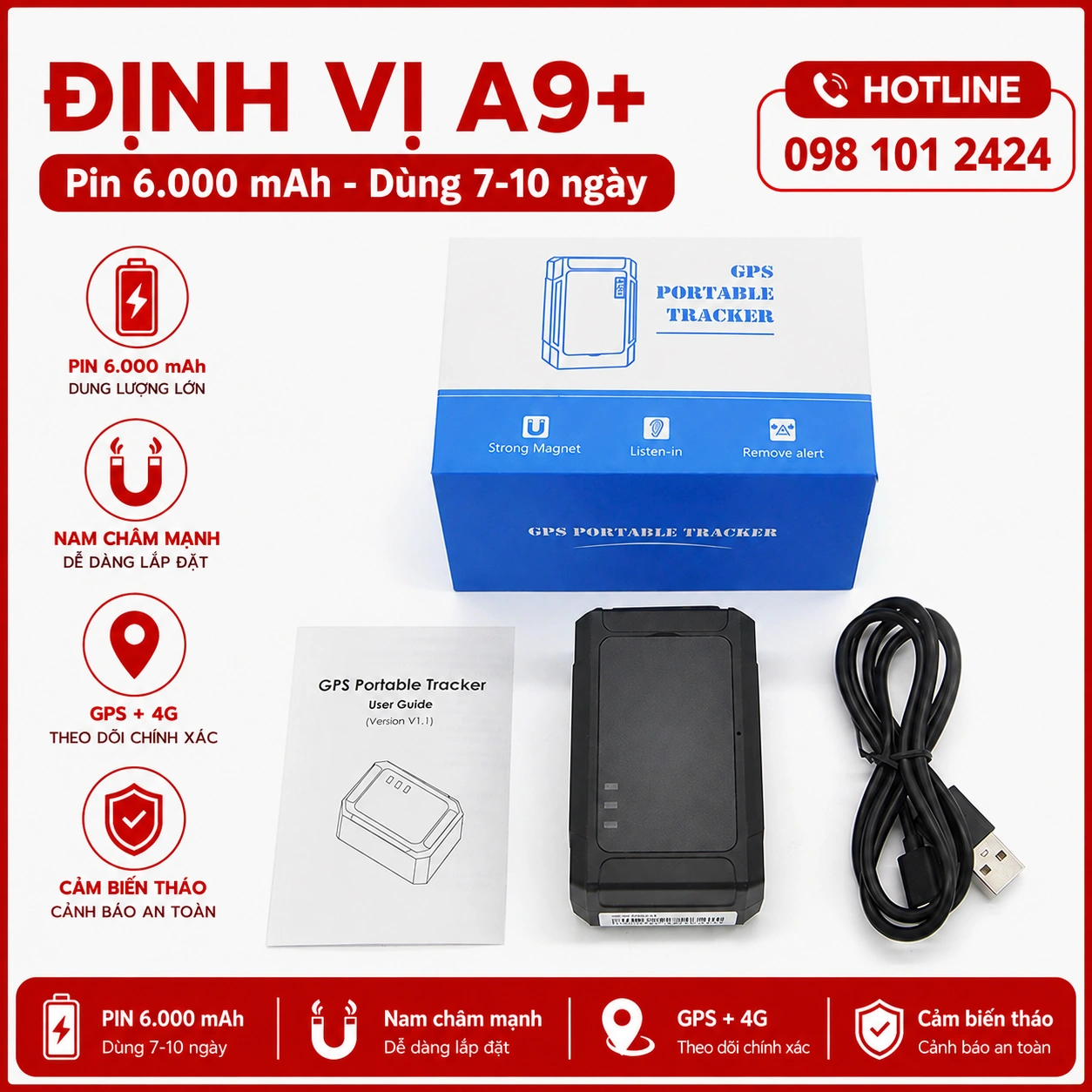 Định vị xe máy không dây A9 Plus 4G VietTrack pin 6000mAh