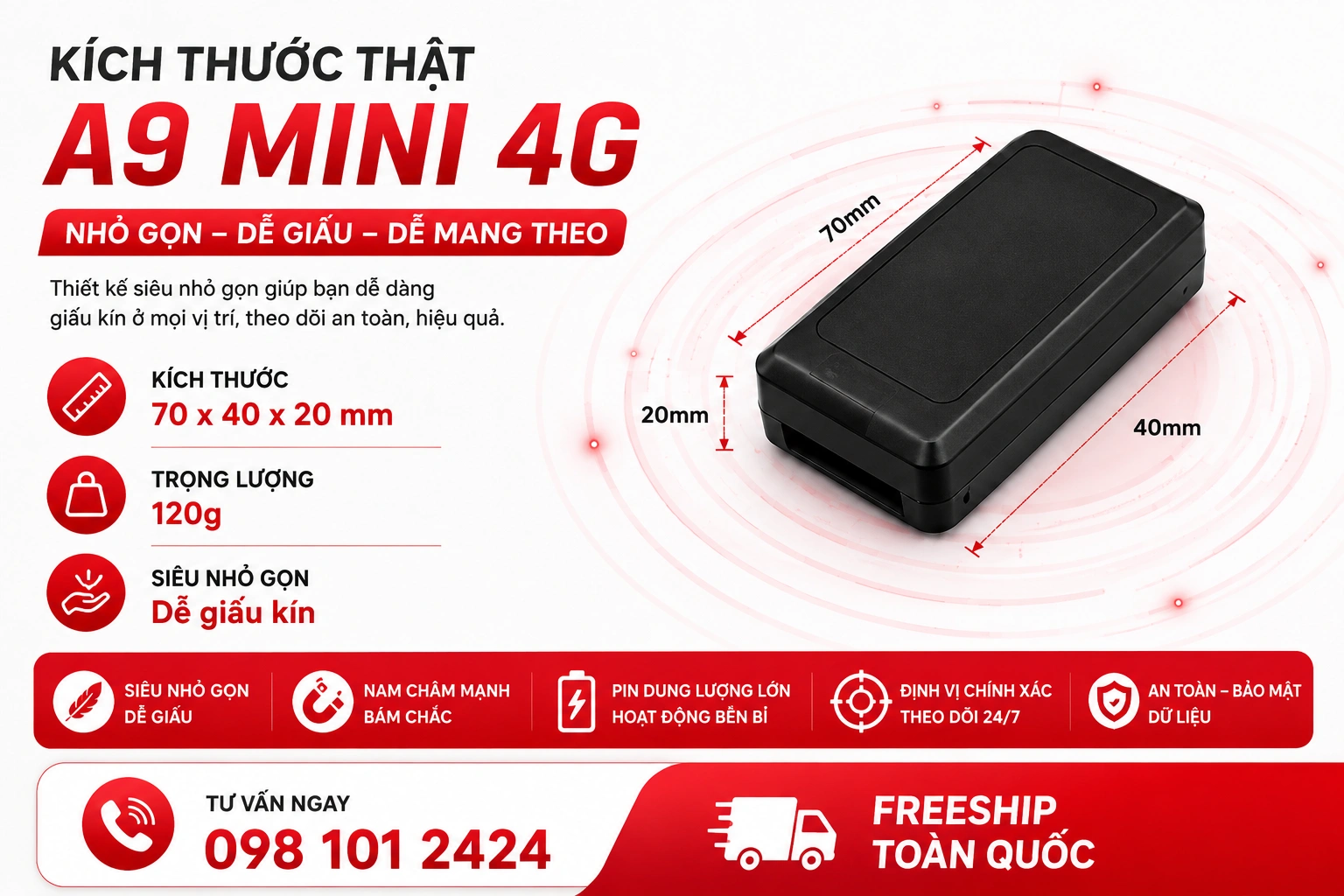 Hình ảnh kích thước thực tế thiết bị định vị A9 Mini 4G