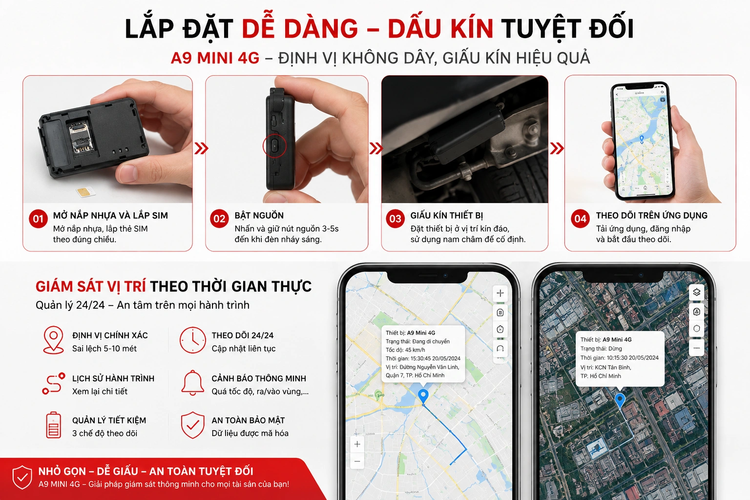 Cách lắp đặt và bố trí kín định vị A9 Mini 4G