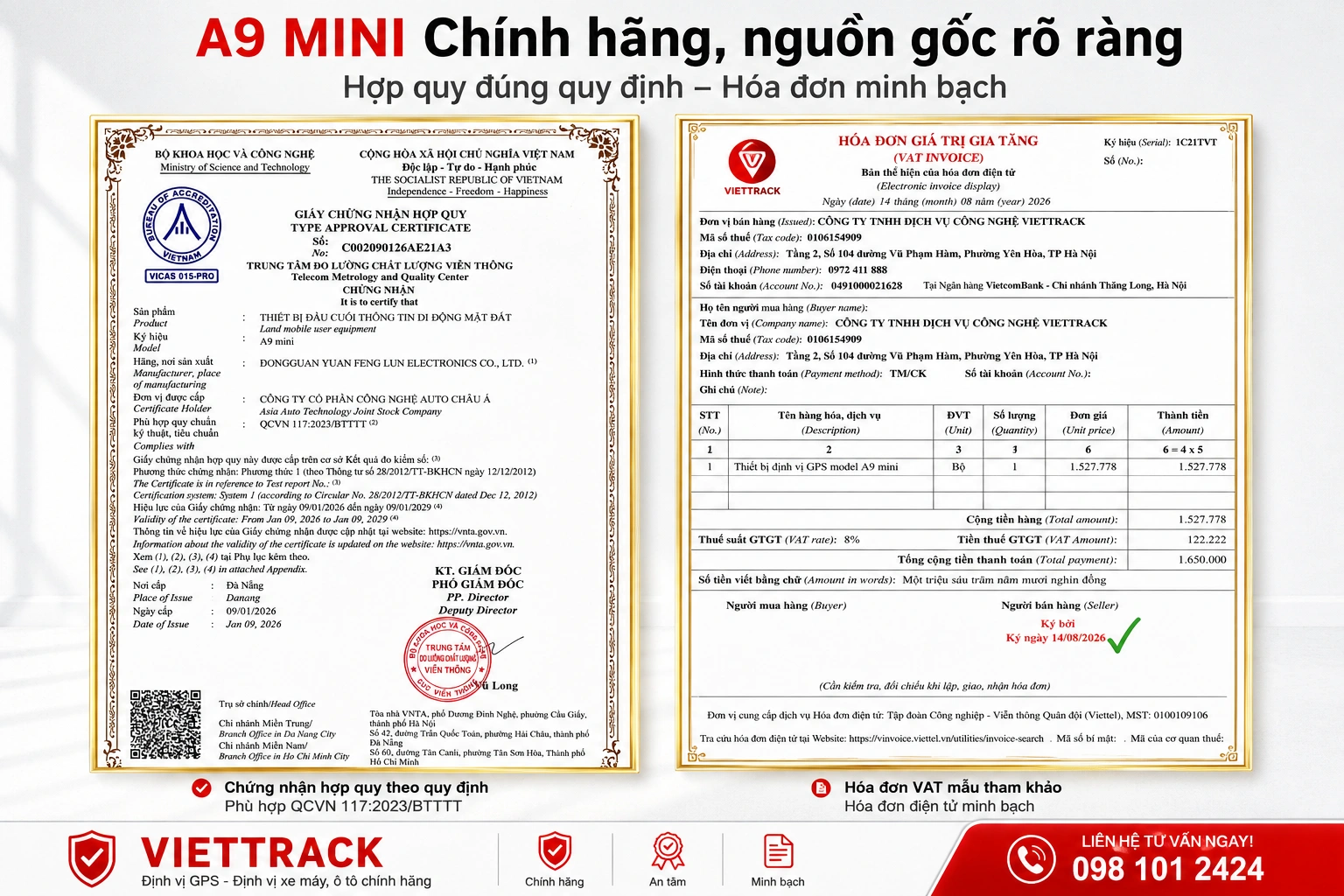 Nguồn gốc chứng từ và hợp quy định vị A9 Mini VietTrack