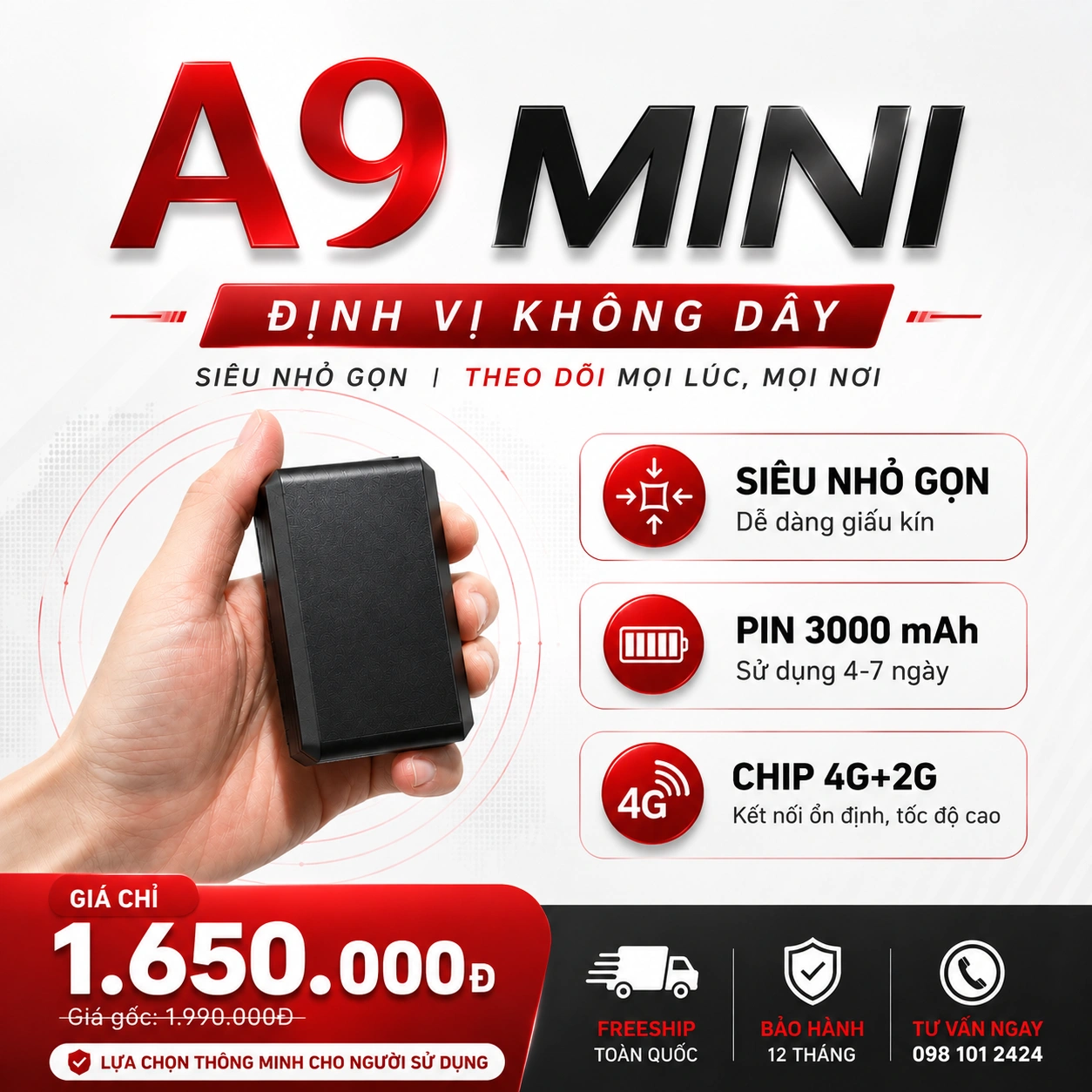 Định vị xe máy không dây A9 Mini 4G VietTrack