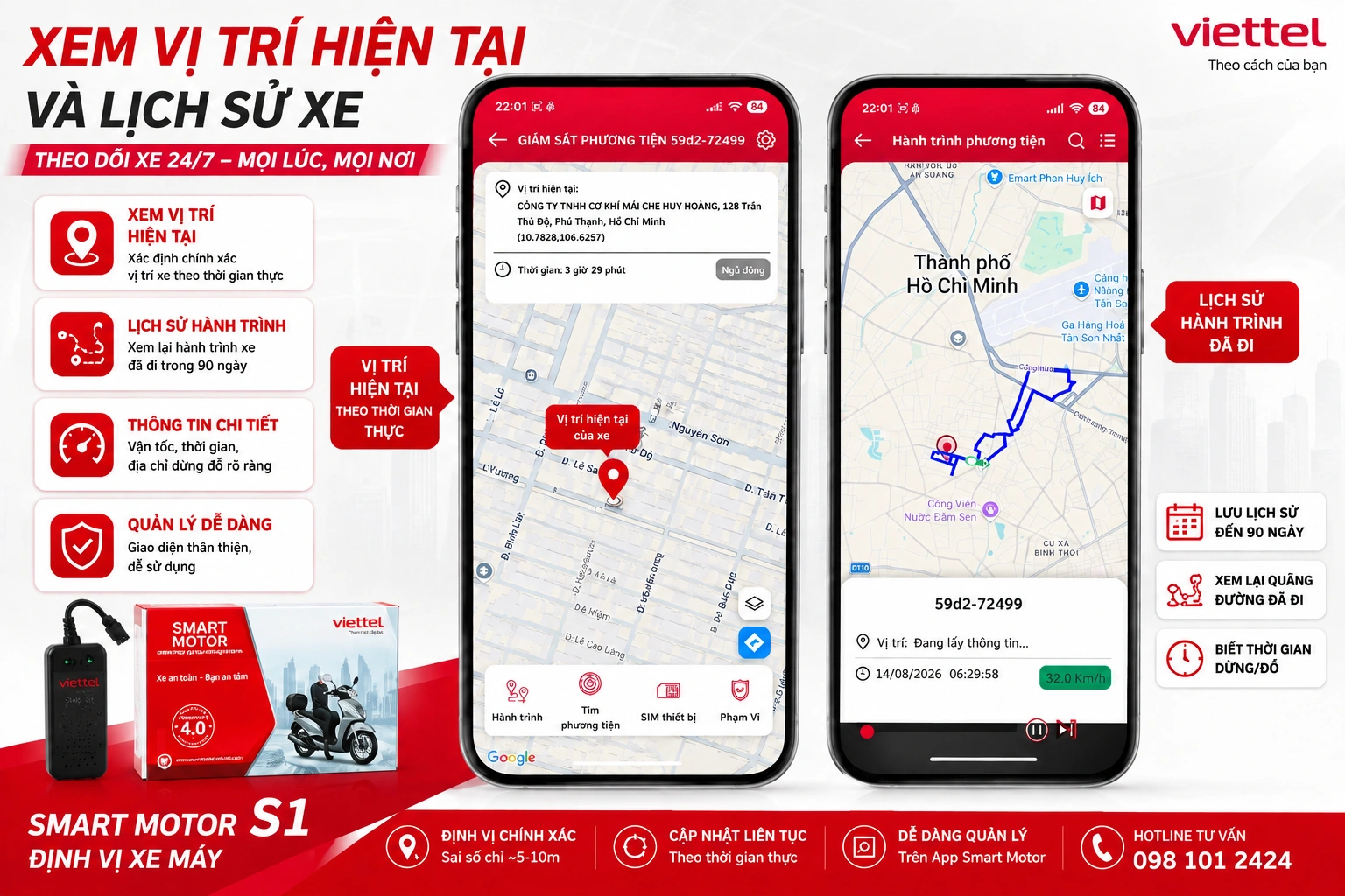 Xem vị trí hiện tại và lịch sử di chuyển xe bằng Viettel Smart Motor S1