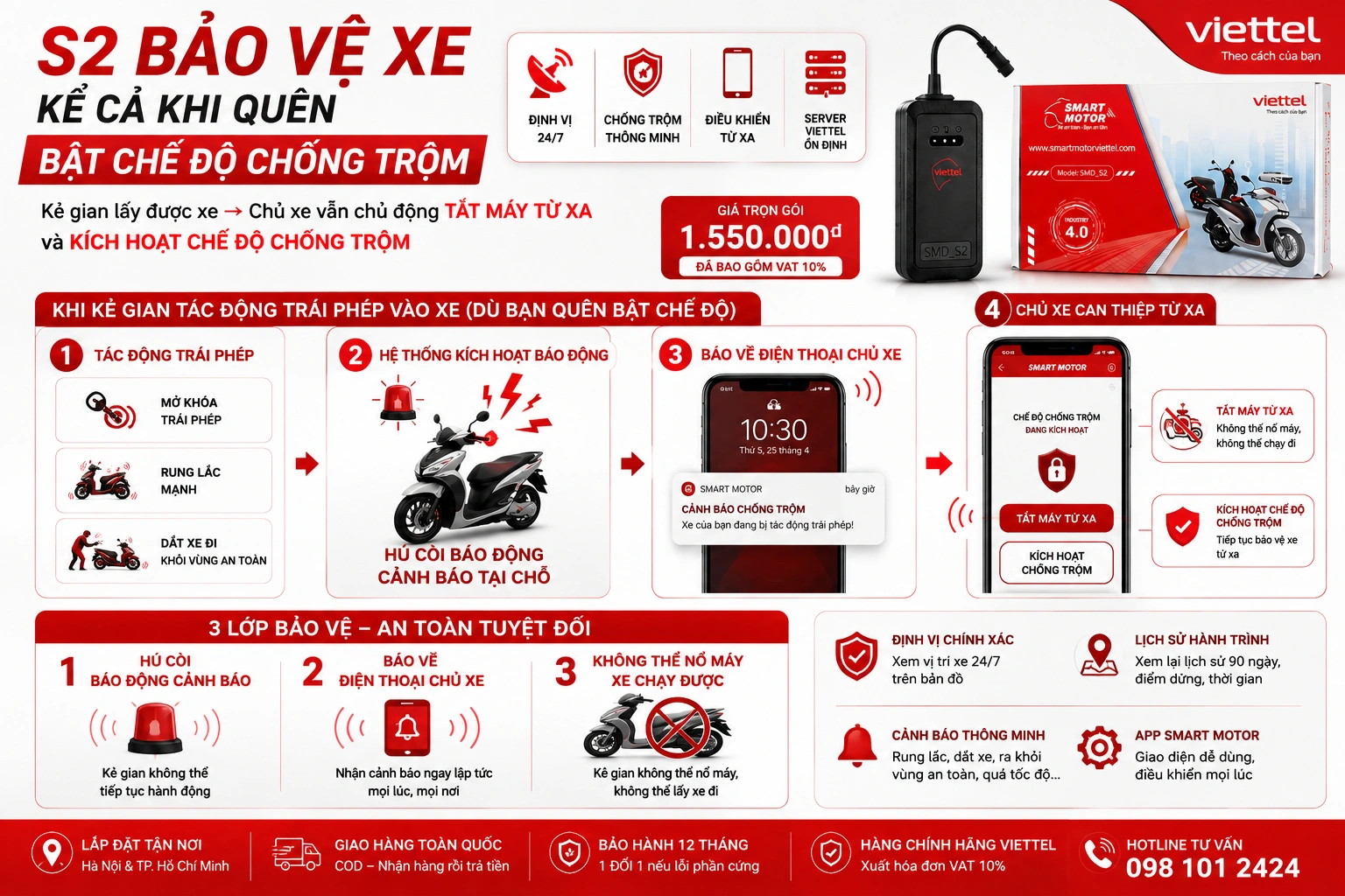 Tắt máy xe từ xa bằng điện thoại với Viettel Smart Motor S2
